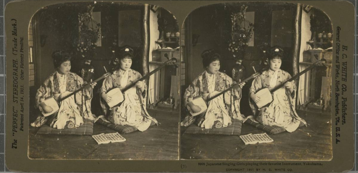 Two seated women play stringed instruments